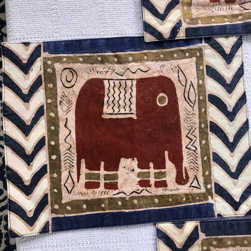 Vintage Hand-painted Elephant Placemats‎ Set of 4 16x12 Bohemian Boho Home Decor